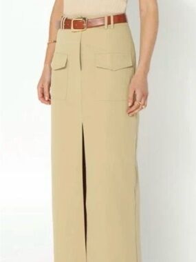 Madison Beige Front-Slit Pencil Skirt with Flap Pockets